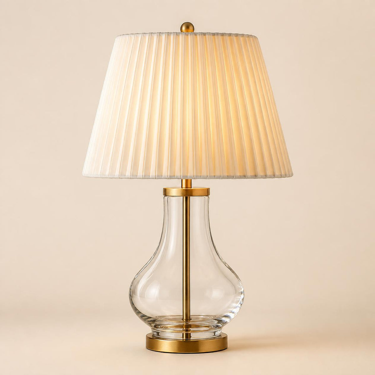 Mid-Century Pleated Fabric Table Lamp with Clear Glass Base