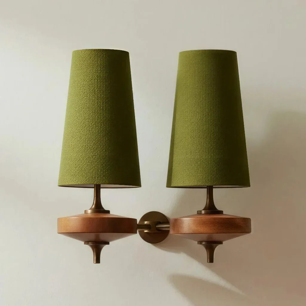 Vintage Fabric Tapered Wall Sconce with Wood Base for Bedroom and Hallway