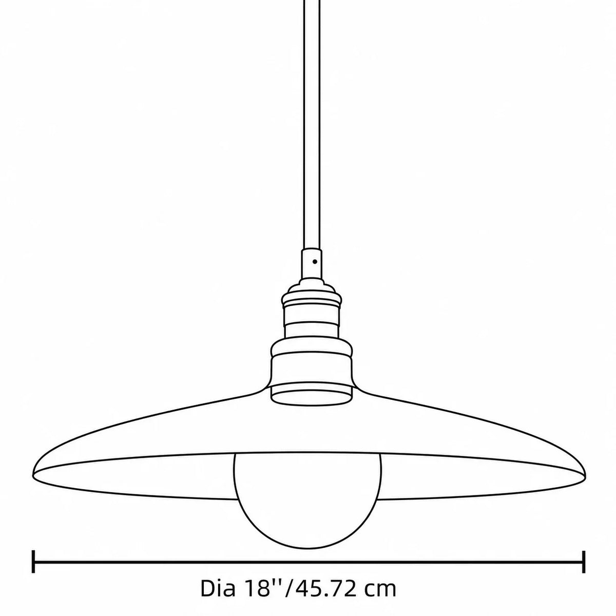 Black line drawing of a hanging pendant light with a dimension label reading “Dia 18” / 45.72 cm” below the shade.