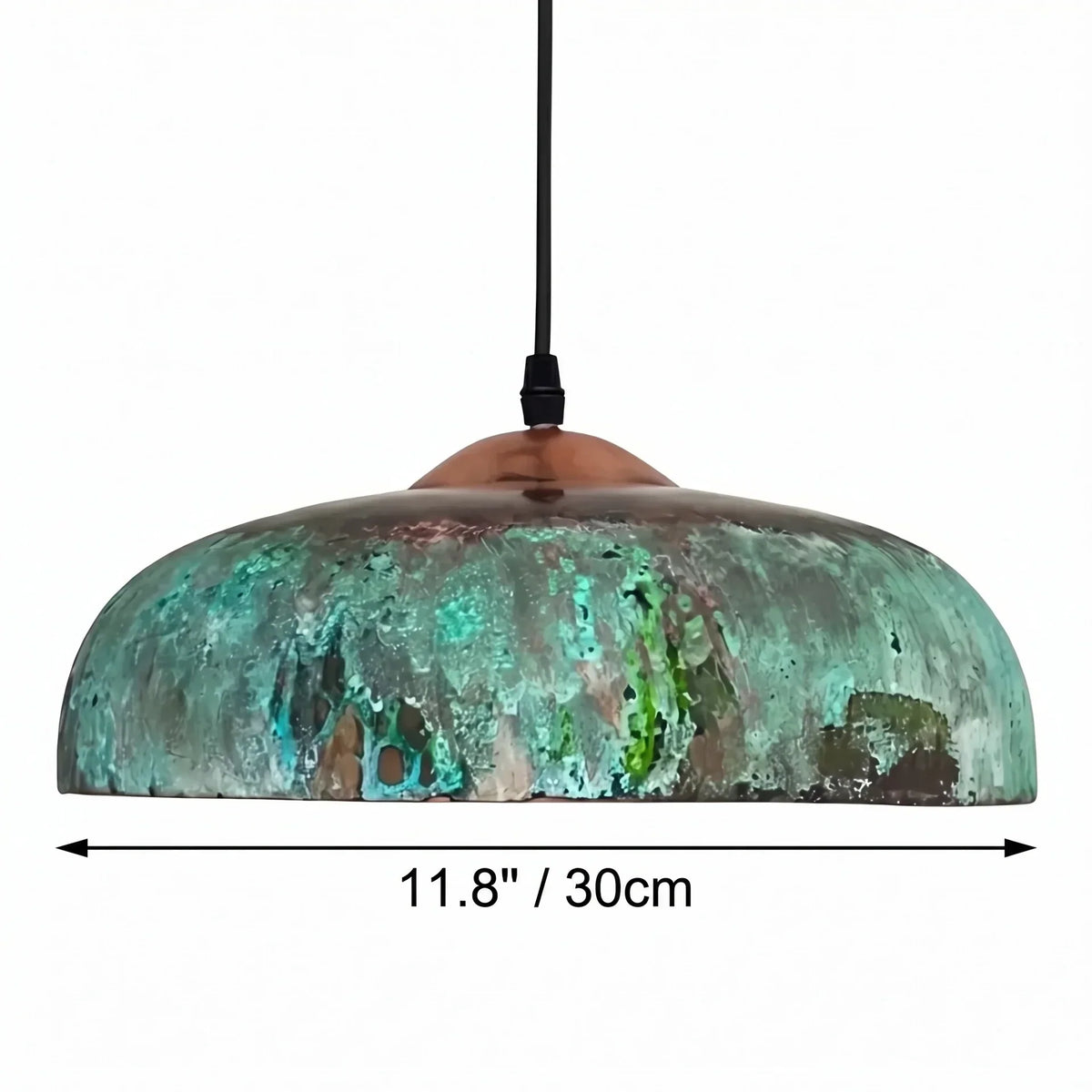 Vintage-style pendant light with a patinated finish, shown with dimensions on a white background.