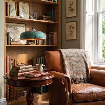 Cozy reading nook with leather armchair, bookshelf, and table.