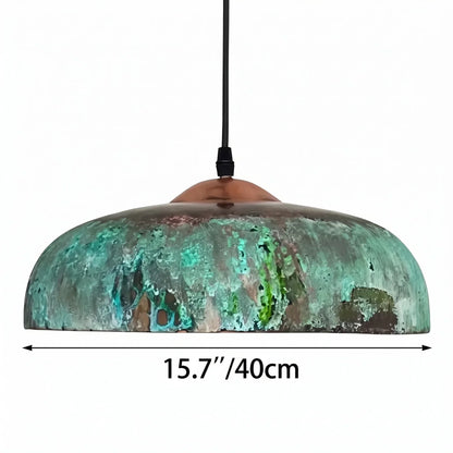 Vintage-style pendant light with patina finish and dimensions on a white background