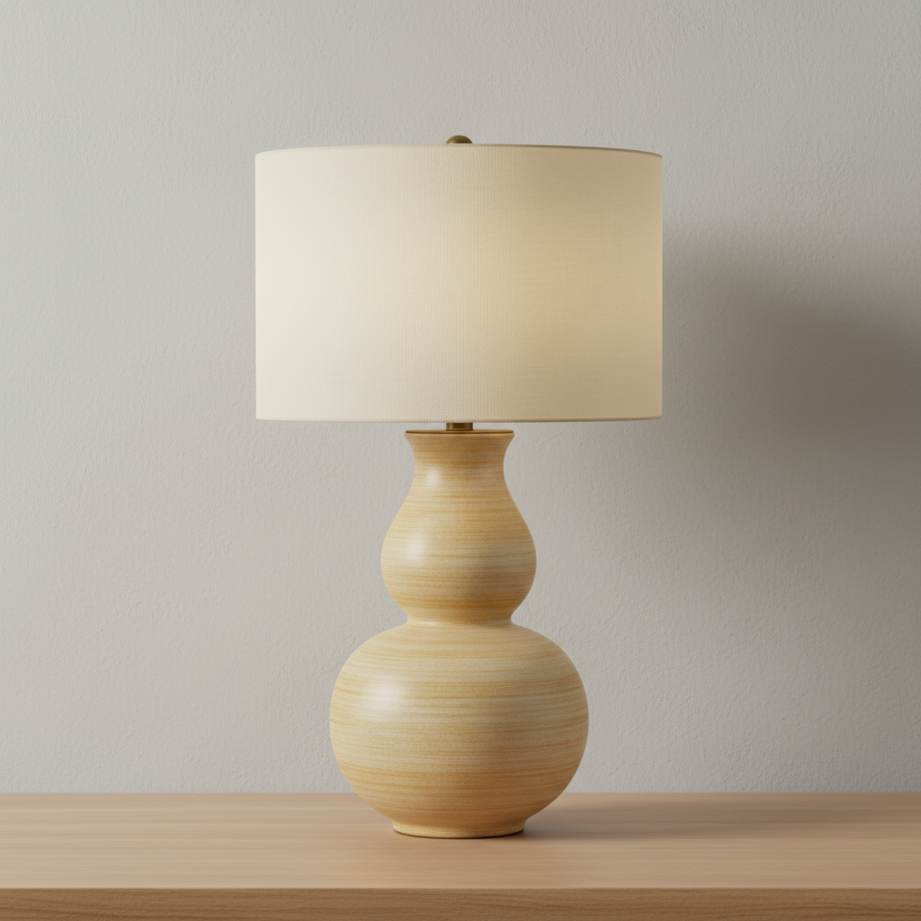 Honorine mustard ceramic table lamp shown from the front on white