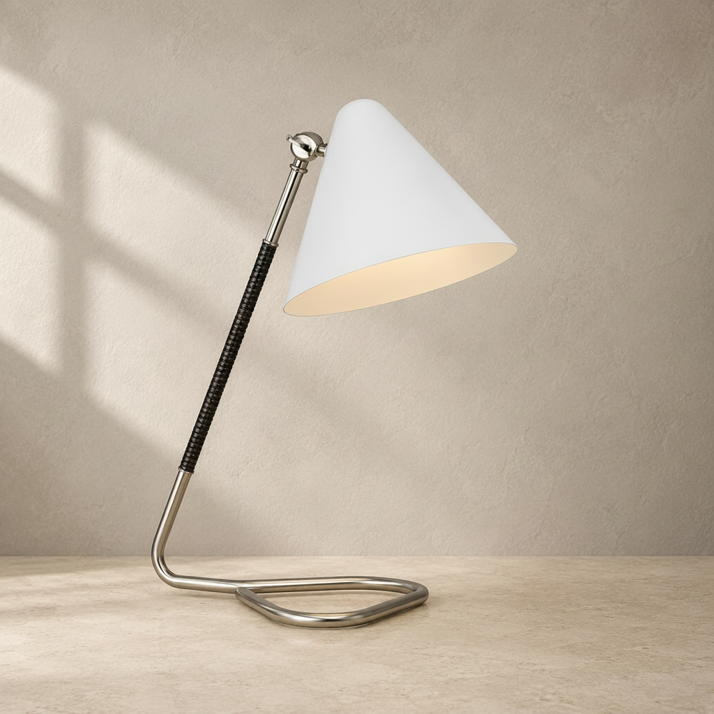 Visual Comfort Laken desk lamp shown from the front on white