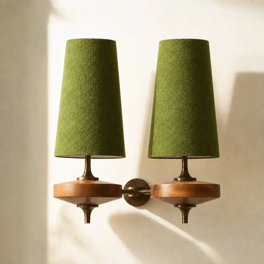 Vintage Fabric Tapered Wall Sconce with Wood Base for Bedroom and Hallway