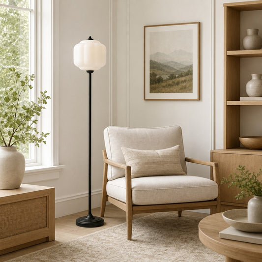 Vintage Opal Textured Glass Floor Light with Brass Stem for Living Room